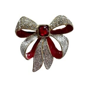 Sparkling Red Bow Brooch Rhinestone Enamel Pin Women's Fashion Accessory